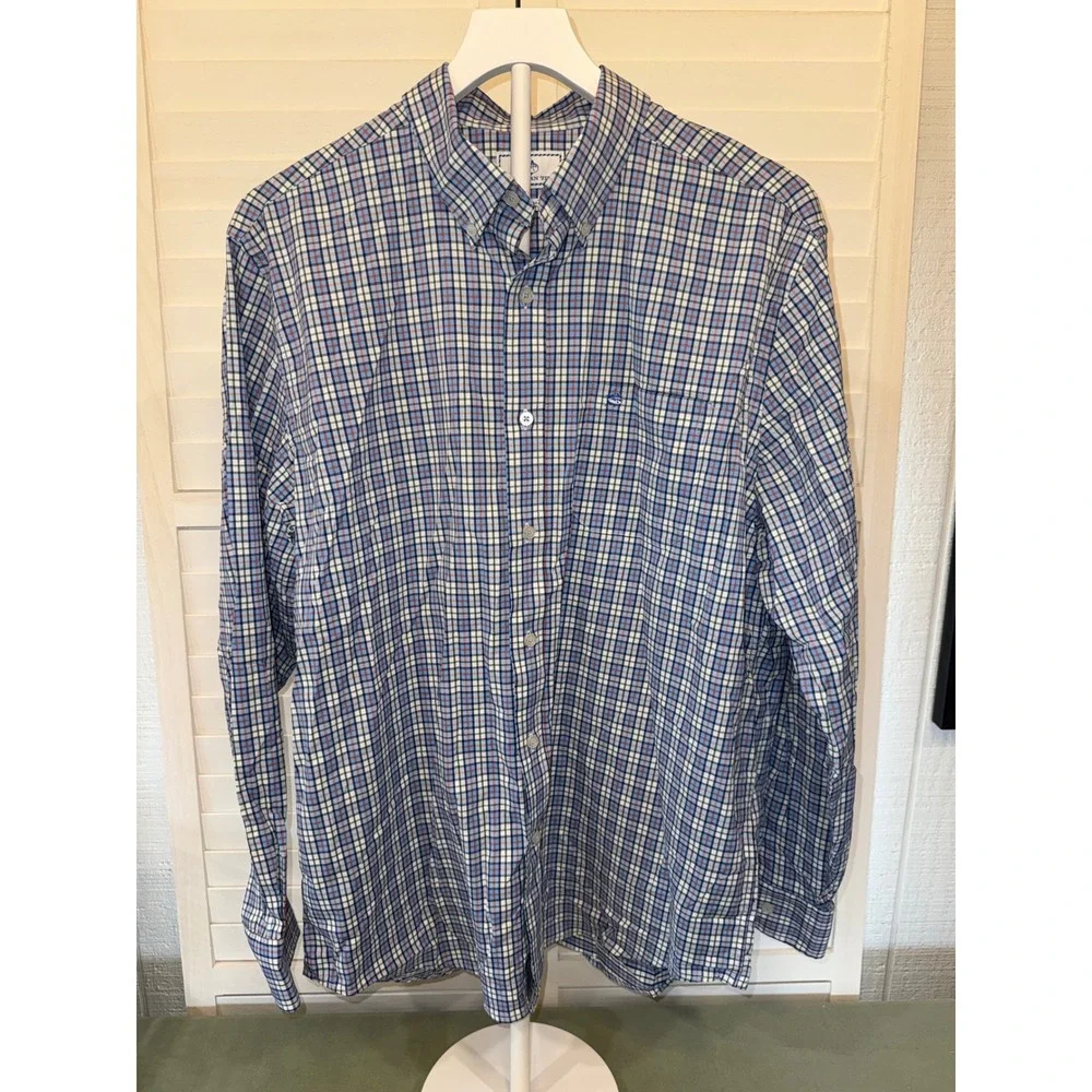 Southern Tide Performance Shirt Mens Blue Plaid Button Down Long Sleeve Large - Picture 1 of 4
